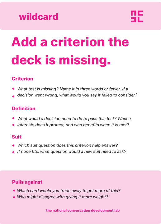 The back of the wildcard. It invites you to add a criterion the deck is missing, with prompts for a definition, a suit, and which card you would trade away.