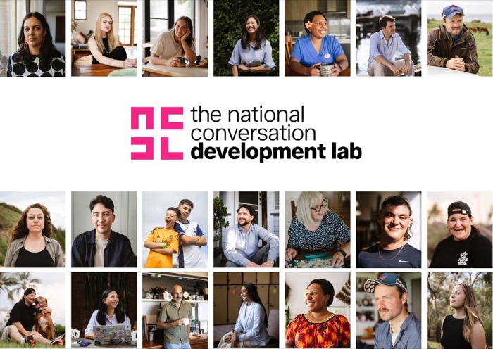 Cover of the interim insights report, a grid of portraits of people from across Australia around the Lab's logomark